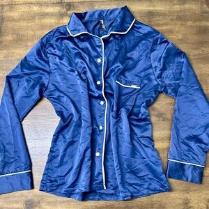 Bluebella‎ Navy Satin Pajama Top Button Up Shirt White Piping Women’s US 6
